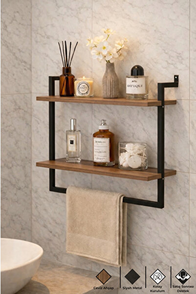 Euromob 60x20 cm Banyo Rafı Duvara Monte Havluluk 2 Katlı Dekoratif Düzenleyi...