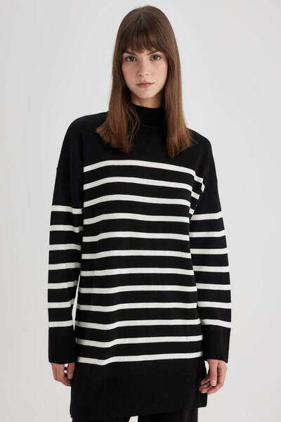 DeFacto Relax Fit Striped Turtleneck Slit Sweater Tunic U9892Az24Au