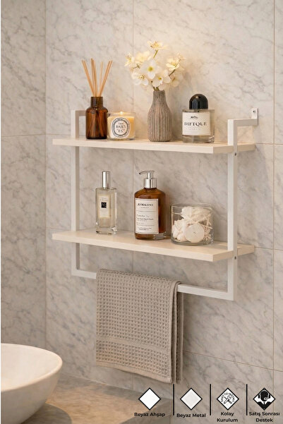 Euromob 60x20 cm Banyo Rafı Duvara Monte Havluluk 2 Katlı Dekoratif Düzenleyi...