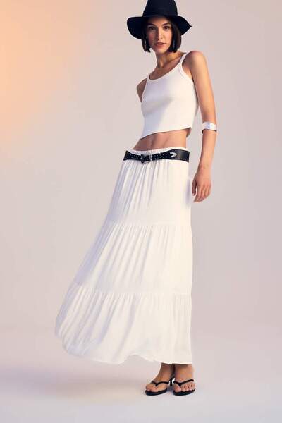 DeFacto A-Line High Waist Cotton Lined Crinkle Viscose Kilos Maxi White Skirt...