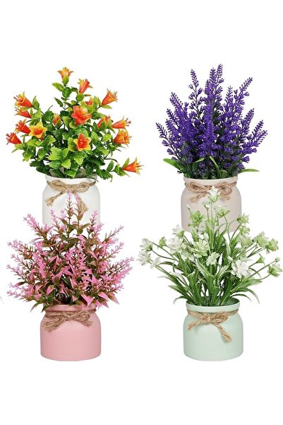 Arabest مجموعة من 4 قطع من الزهور الاصطناعية، نباتات صناعية صغيرة مع أوعية لت...