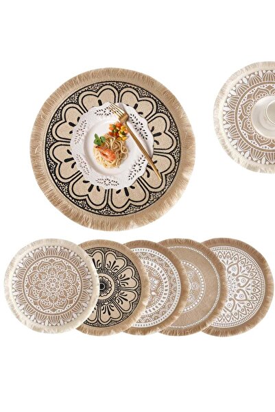 Saharaz طقم مفارش طاولة دائرية من الجوت مكون من 5 قطع مع شرابات، مفارش طاولة ...