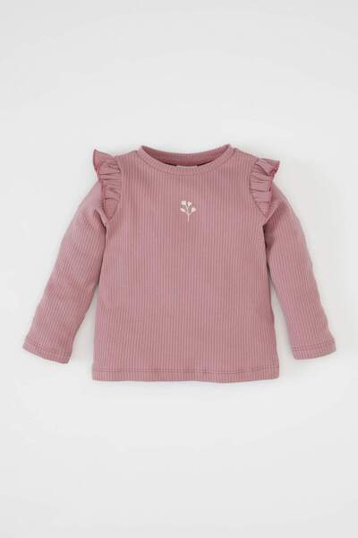 DeFacto Crew Neck Floral Corded Fabric Ruffle Ribbed Knit Long Sleeve T-Shirt...