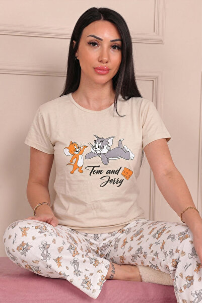 Niket Life طقم بيجامة نسائي بأكمام قصيرة ونقوش شخصيات كرتونية