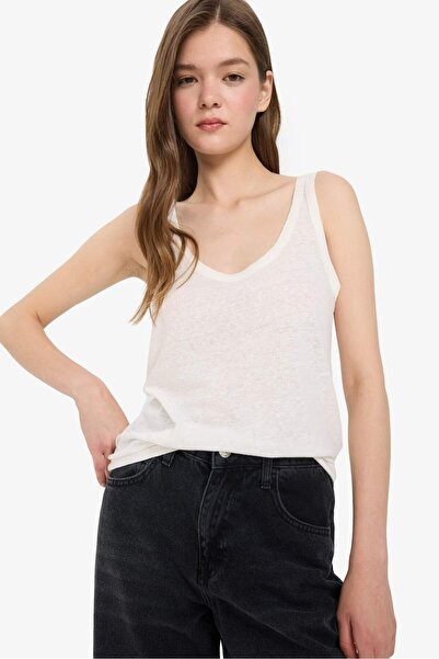 DeFacto Μπλουζάκι με κανονική εφαρμογή U λαιμόκοψης με λινό μείγμα Basic μονό...