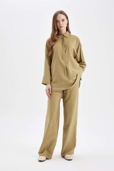 DeFacto Wide Leg Geniş Bol Paça Beli Lastikli Bağcıklı Basic Düz Pantolon D41...