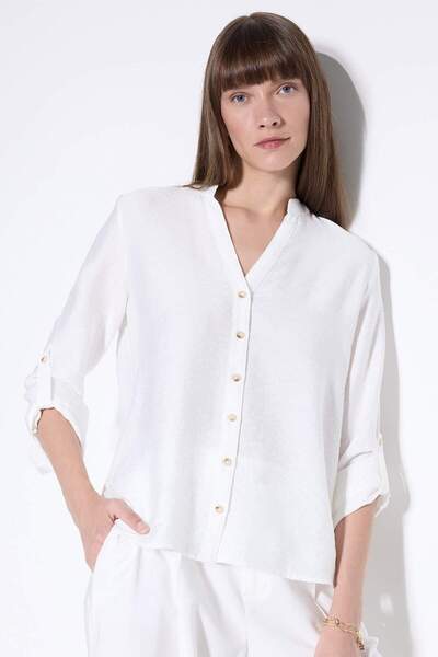 DeFacto Apaş Collar Basic Solid Fold Button-Down Long Sleeve White Shirt D490...
