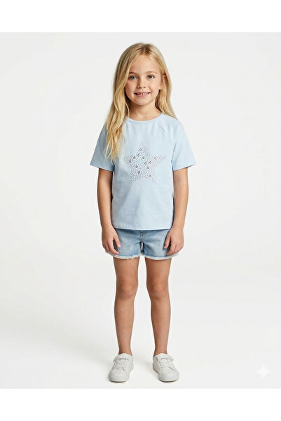 RAMİOR COLLECTION Детска светлосиня памучна тениска с камъчета