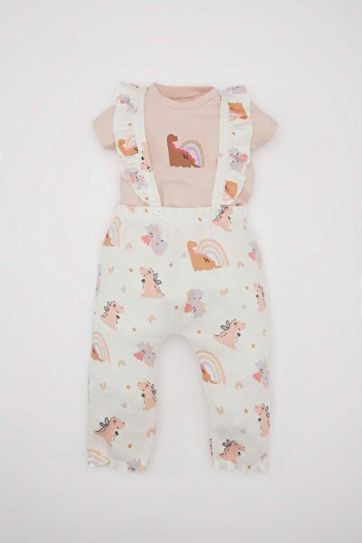 DeFacto طقم تي شيرت ووافل بطبعة ديناصور للفتيات الصغيرات - قطعتين - كم قصير C...