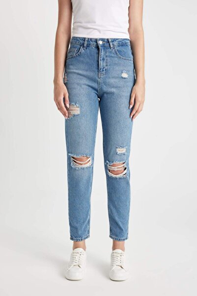 DeFacto Lina Lina Mom Fit Ripped Detail High Waist Ankle Length Jeans Wash Pa...