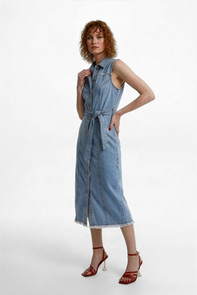Bluewhite Γυναικείο αμάνικο τζιν φόρεμα με ζώνη και κουμπιά σε όλο το μήκος, ...