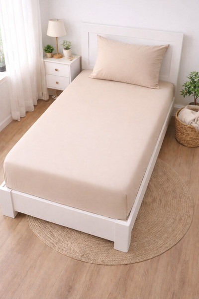 Madame Home Μονό Σετ Σεντόνια Μπεζ Ελαστικά 90x190 εκ. + 20 εκ. Ύψος 100% Βαμ...