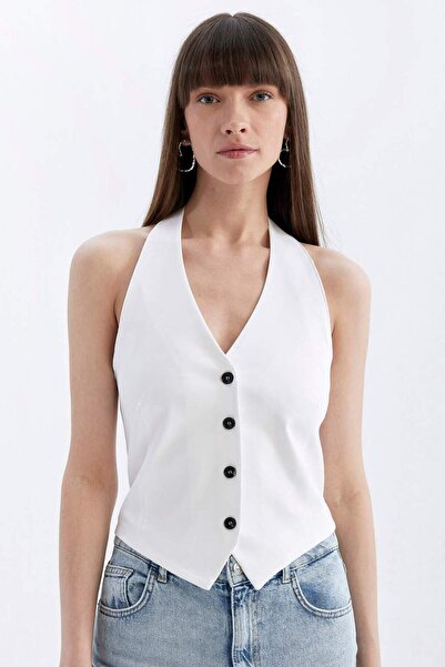 DeFacto V-Neck Buttoned Basic Plain White Blazer Vest D0340Ax24Sm