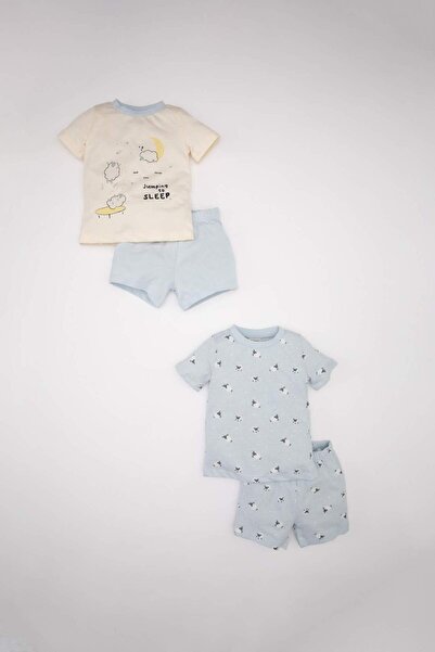 DeFacto Baby Boy Printed Short Sleeve Shorts Combed Cotton 4-Piece Pajamas Se...