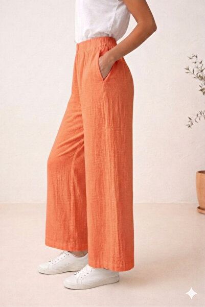 estewoman 100% Cotton Muslin Loose Trousers - Pocket Detailed