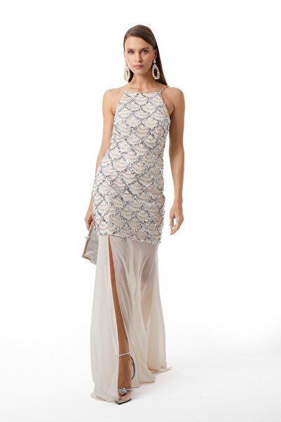 EXPLOSION Halter Yaka Yırtmaç Detaylı Maxi Elbise