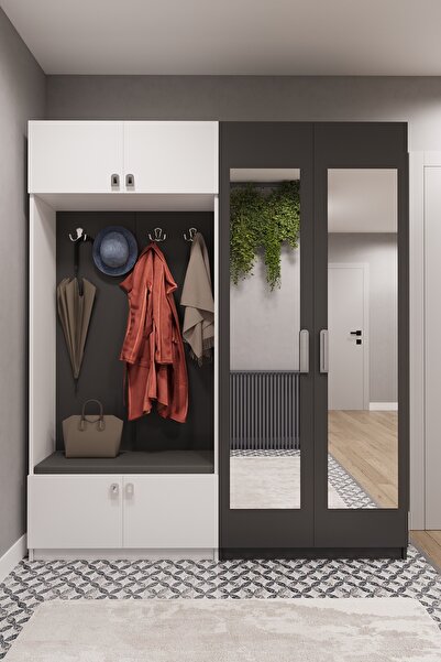 asratrend Lüks Aynalı Portmanto Askılı Vestiyer %100 MDF Çok Raflı Ayakkabılı...