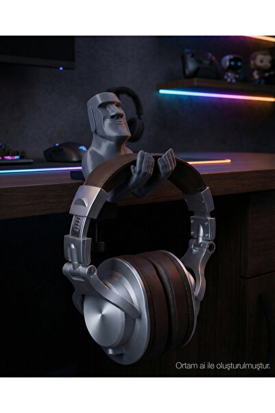 BostanDesign Moai Figürlü Masa Kenarı Kulaklık Standı 5–48 mm Masa Uyumlu Ürünü