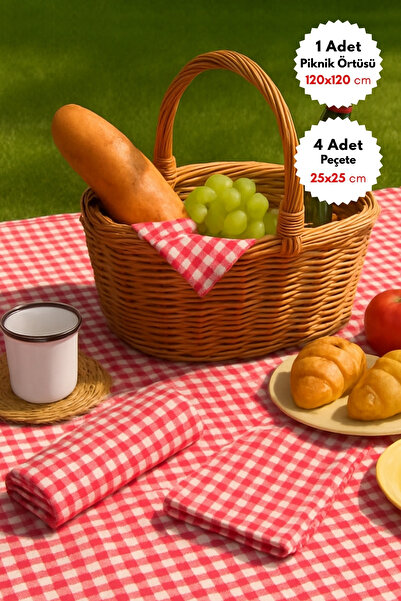 Bimotif 5 parça pötikare piknik seti, masa örtüsü ve 4 peçete kırmızı (120x12...