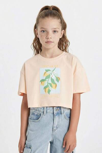 DeFacto Crop Crew Neck Printed Short Sleeve T-Shirt Girls D0869A824Hs