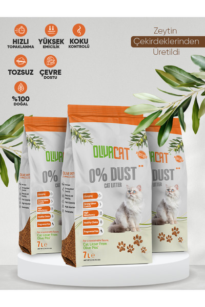 Olivacat Zeytin Çekirdeğinden Üretilen Doğal Tozsuz Kedi Kumu 7L x 3 Adet