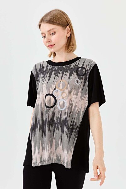 Desen Triko Tricou de damă cu gât turnat cu inel din bumbac pieptănat negru