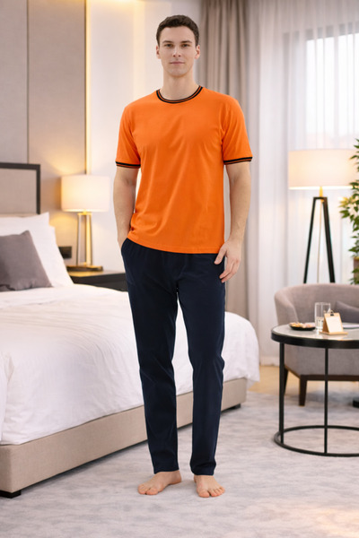 YUYİ طقم بيجامة رجالي من KLY مصنوع من القطن بنسبة 100%، بأكمام قصيرة وياقة دا...