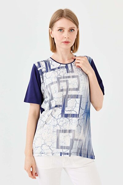 Desen Triko Tricou de damă cu decolteu rotund din bumbac pieptănat albastru b...