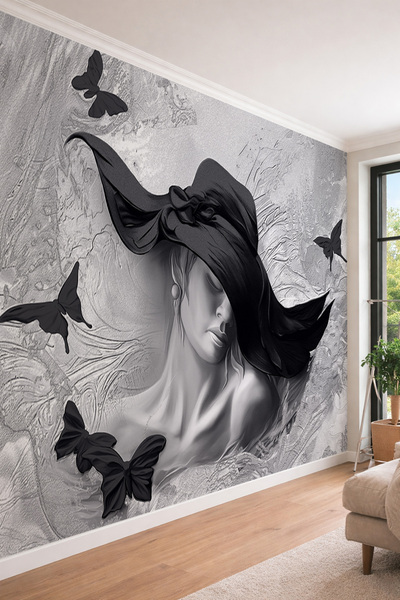 dreamwall Black Elegance Siyah Şapkalı Kadın ve Kelebek Desenli Tekstil Duvar...