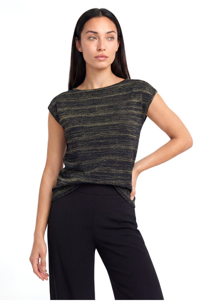 WESTMARK LONDON تي شيرت نسائي بأكمام قصيرة وياقة دائرية مخطط باللون الأسود وا...