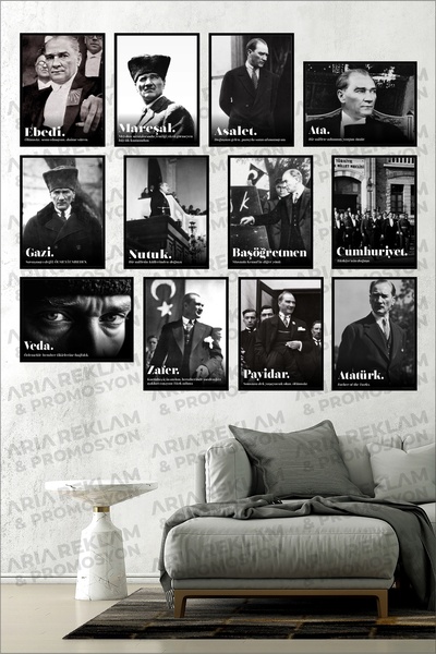 Tasarım Depom 12 Adet (Söz Temalı) Atatürk Resimli Çerçeve Görünümlü Mdf Tabl...