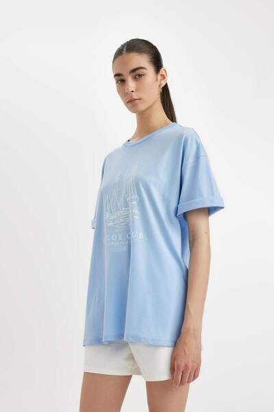 DeFacto Oversize Fit Crew Neck Sea Print Combed Cotton Short Sleeve T-Shirt D...