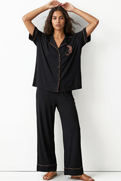 Siyah İnci Μαύρο πουκάμισο γιακά λεοπάρ κέντημα με κουμπιά κοντομάνικο σετ πι...