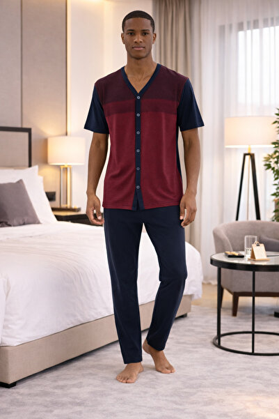 YUYİ Kly V-Neck Front Buttoned Short Sleeved Men's Pajama Set 26154