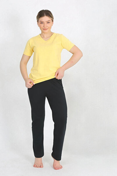 Akbeniz Κίτρινο Γυναικείο Σετ Πυτζάμες - Κοντό μανίκι, Βαμβακερό χτενισμένο, ...