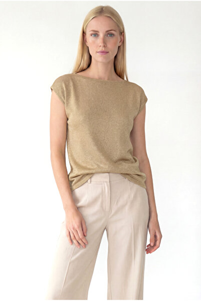 WESTMARK LONDON تي شيرت نسائي بيج بياقة دائرية وأكمام قصيرة لامعة SKY GLITTER...