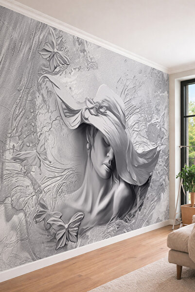 dreamwall Silver Elegance Gri Şapkalı Kadın ve Kelebek Desenli Tekstil Duvar Kağıdı