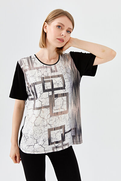 Desen Triko Women's Crew Neck Stoned Combed Cotton T-shirt Black
