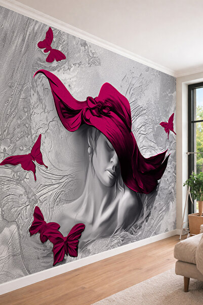 dreamwall Elegance Pembe Şapkalı Kadın ve Kelebek Desenli Tekstil Duvar Kağıdı