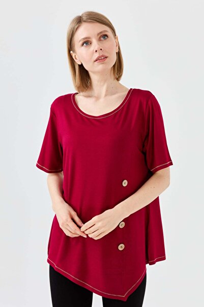 Desen Triko Γυναικείο μπλουζάκι με λαιμόκοψη με ξύλινο κουμπί μπροστά, μπορντό