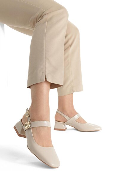 Hanımsoller Γυναικεία Mary Jane Μπεζ YANKİ λουστρίνια παπούτσια με ανοιχτή πλ...