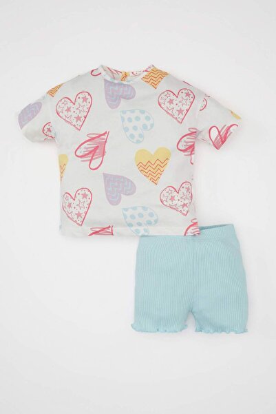 DeFacto Baby Girl 2 Piece Set Crew Neck Heart Pattern Short Sleeve T-Shirt Sh...