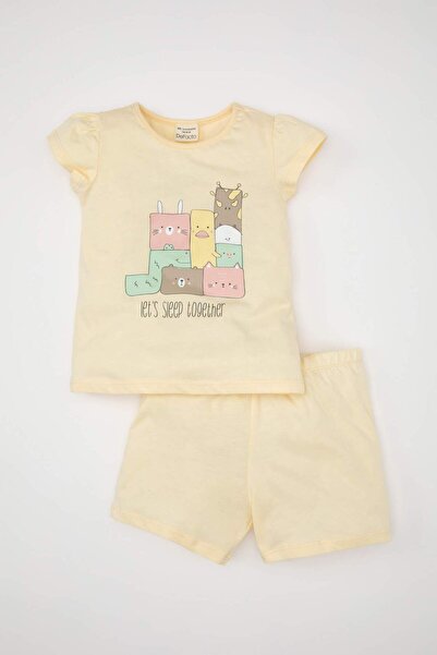 DeFacto Baby Girls Pajamas Set Crew Neck Printed Combed Cotton Short Sleeve T...
