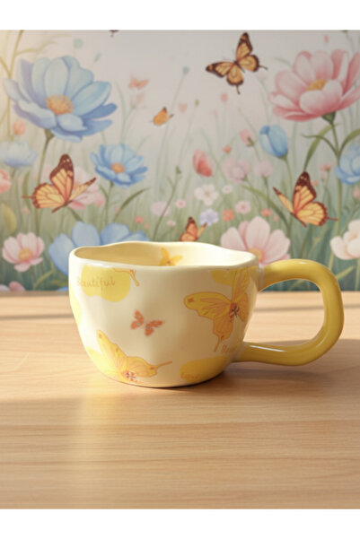 Bam كوب سيراميك بتصميم الفراشة باللون الأصفر