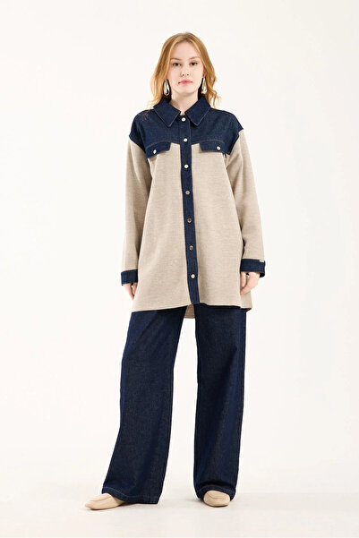 Invee Denim Detailed Shirt Jacket 7203 Beige