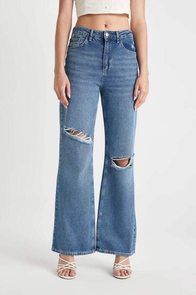 DeFacto Pantaloni lungi din denim, cu picior larg, cu detalii rupte, anii '90...