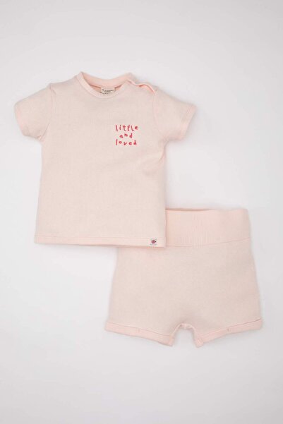 DeFacto طقم بناتي مكون من قطعتين تي شيرت وافل مطرز بأكمام قصيرة C2552a524sm