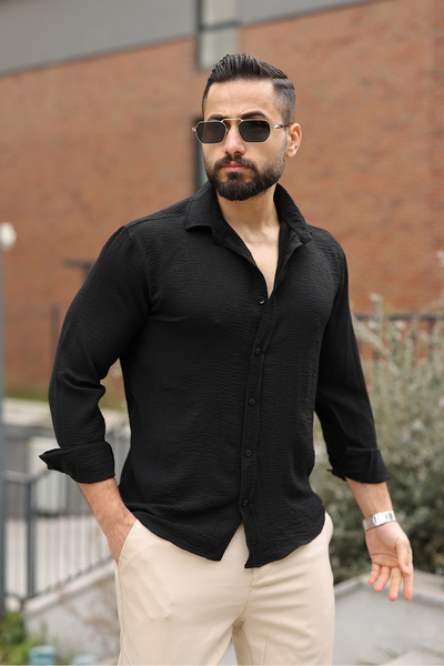 Mero Life قميص رجالي أسود موسمي مريح للاستخدام اليومي، مصنوع من قماش كاجوال قطن منسدل، مقاس نصف كبير