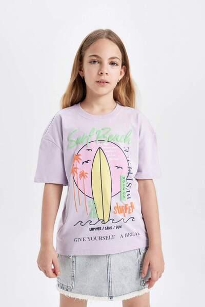 DeFacto Tricou cu mânecă scurtă cu imprimeu pentru fete, cu decolteu rotund, ...