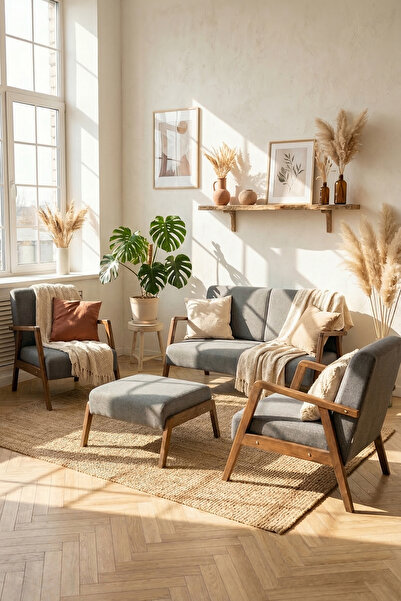 Zem Pavia Çay Seti Ceviz Ahşap, Gri(1 ADET IKİLİ BERJER 2 ADET TEKLİ BERJER 1...